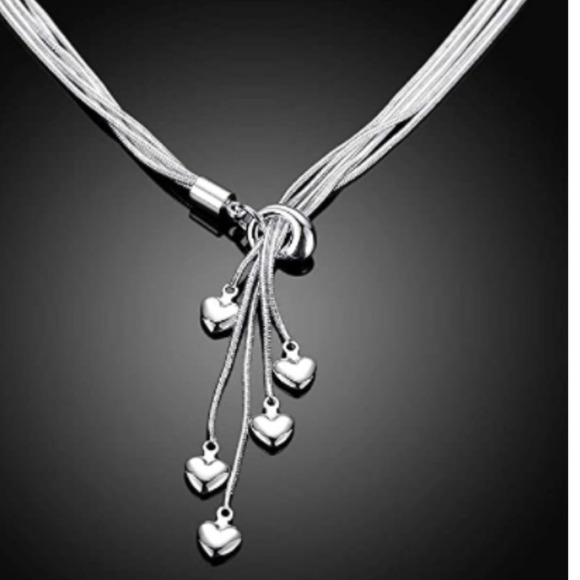 Italian Sterling Silver 5 Chains 5 Five-Heart Necklace 21.6" Heart Necklace - Picture 4 of 6